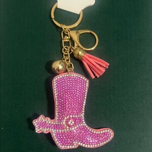 Pink Rhinestone Cowboy Boot Keychain with Tassel